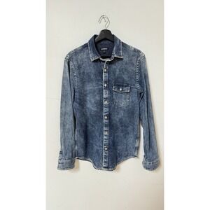 Express Men's Small Fitted Blue Soft Denim Long Sleeve Cotton Shirt - 10009